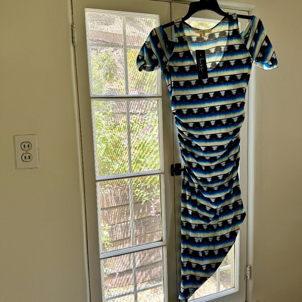 NICOLE MILLER Tie Dye Stripe Asymmetrical Cold Shoulder Dress - Picture 4 of 9